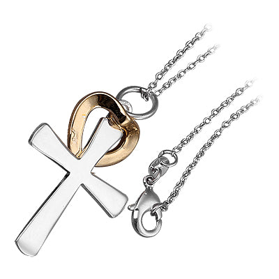 Sterling Silver Coated Pendant Necklace with Cross and Intertwined 18K Gold Heart