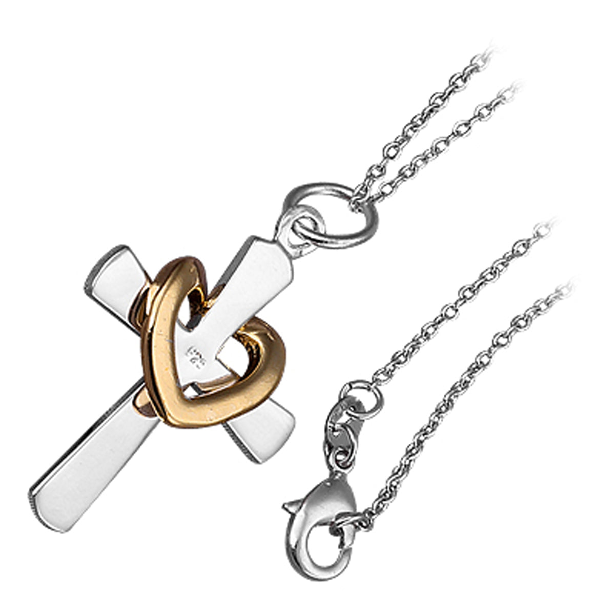 Sterling Silver Coated Pendant Necklace with Cross and Intertwined 18K Gold Heart