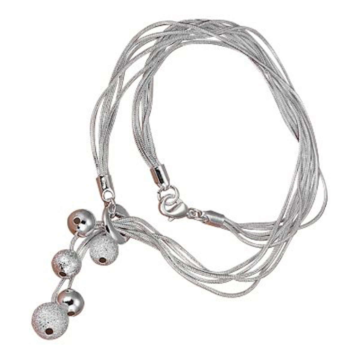 Sterling Silver Coated Fashion Pendant Necklace with O Ring and 5 Matt and Polished Finish Silver Balls