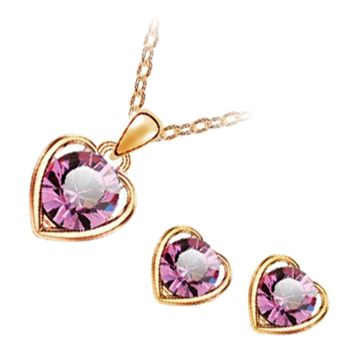 18K Yellow Gold Coated Earrings and Pendant Necklace Set Round Peacock Stones in Heart