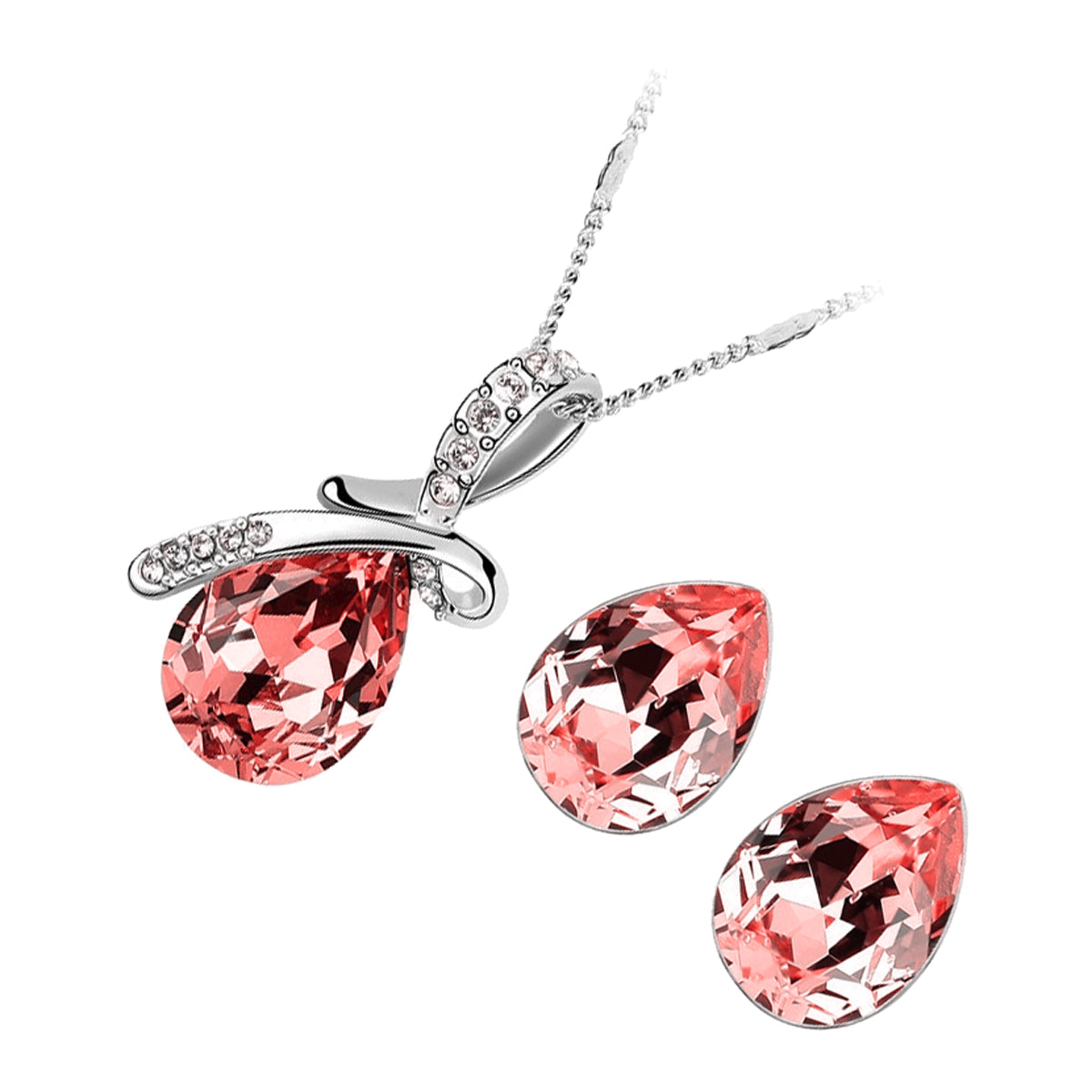 Sterling Silver Coated Earrings and Pendant Necklace Set Drop Stone with Crystal-Adorned Bow