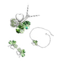 Sterling Silver Coated Bracelet Earrings and Pendant Necklace Set Spiral with 4 Heart Shaped Leaves Clover with Stones