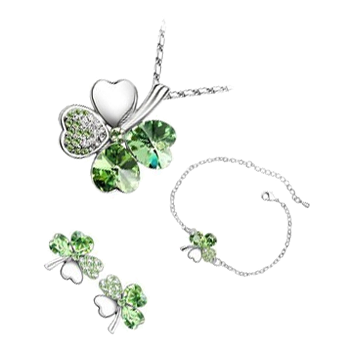 Sterling Silver Coated Bracelet Earrings and Pendant Necklace Set Spiral with 4 Heart Shaped Leaves Clover with Stones