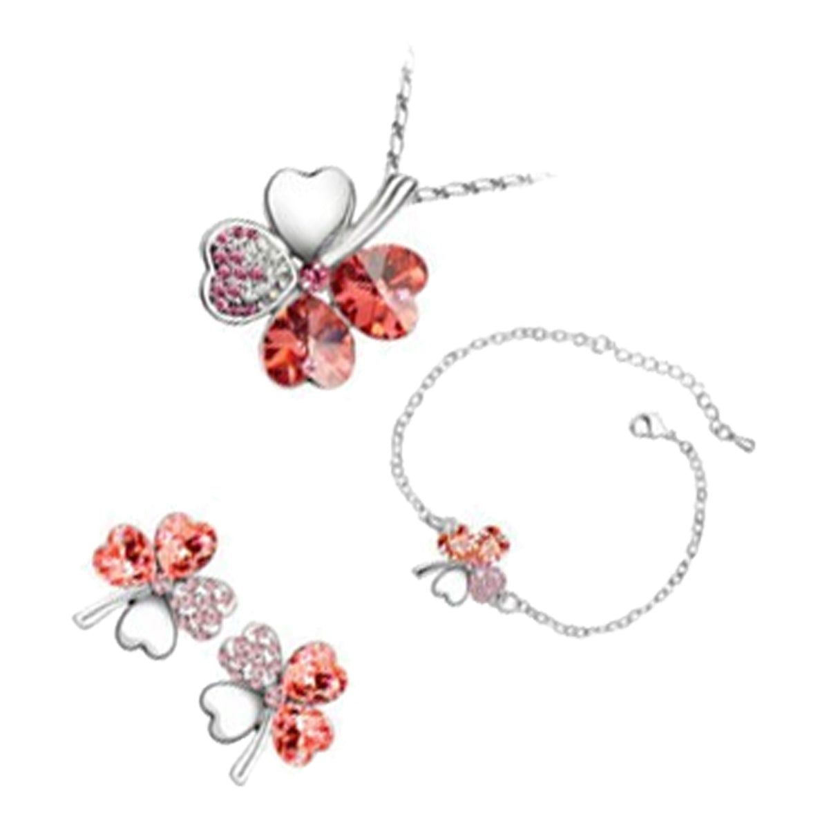 Sterling Silver Coated Bracelet Earrings and Pendant Necklace Set Spiral with 4 Heart Shaped Leaves Clover with Stones