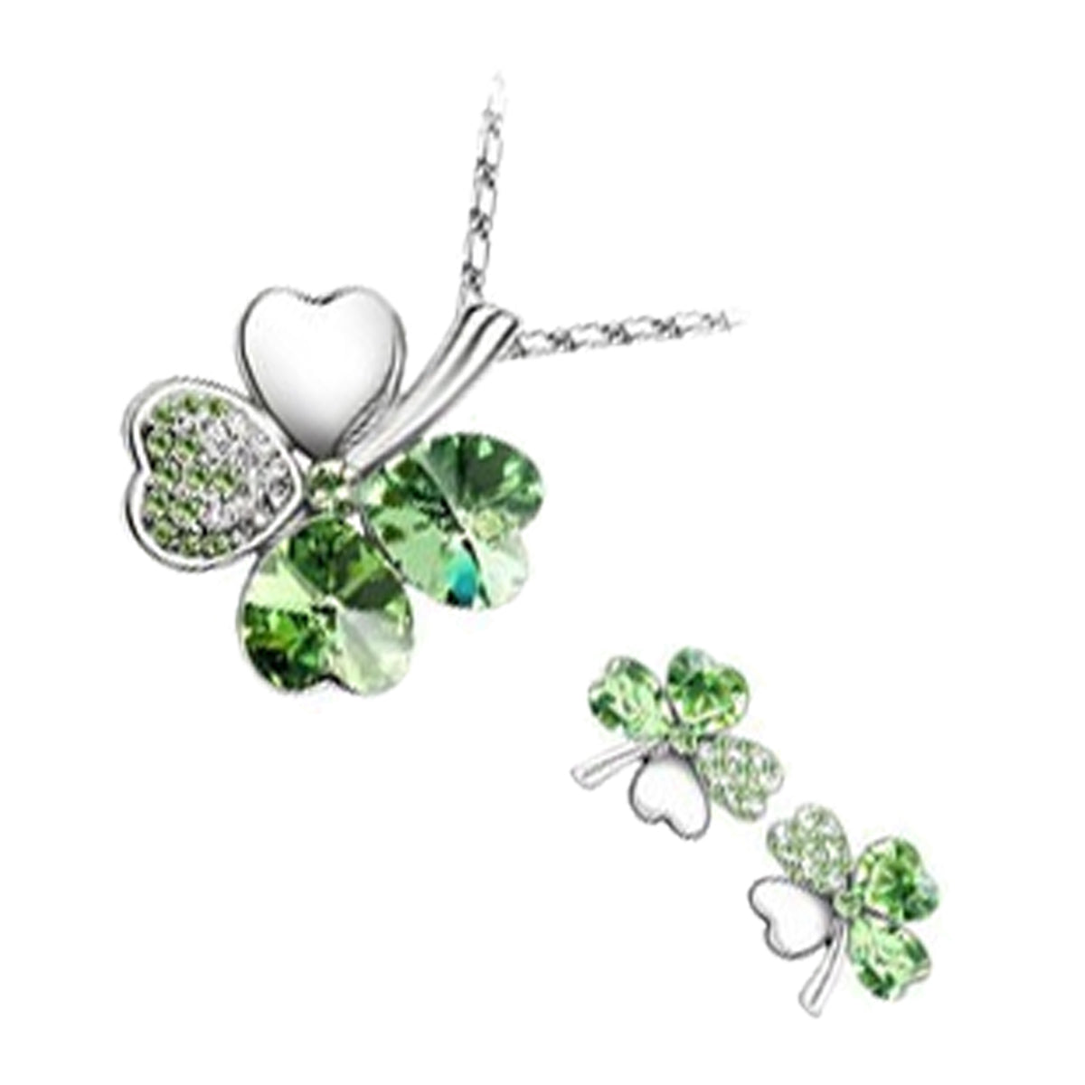 Sterling Silver Coated Set Earrings and Pendant Necklace with 4 Heart Shaped Leaves Clover Featuring Stones