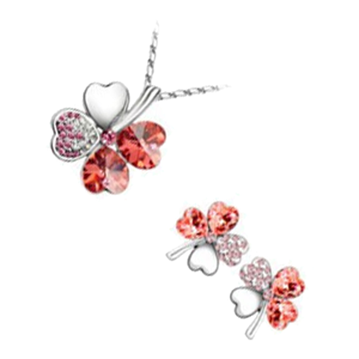 Sterling Silver Coated Set Earrings and Pendant Necklace with 4 Heart Shaped Leaves Clover Featuring Stones