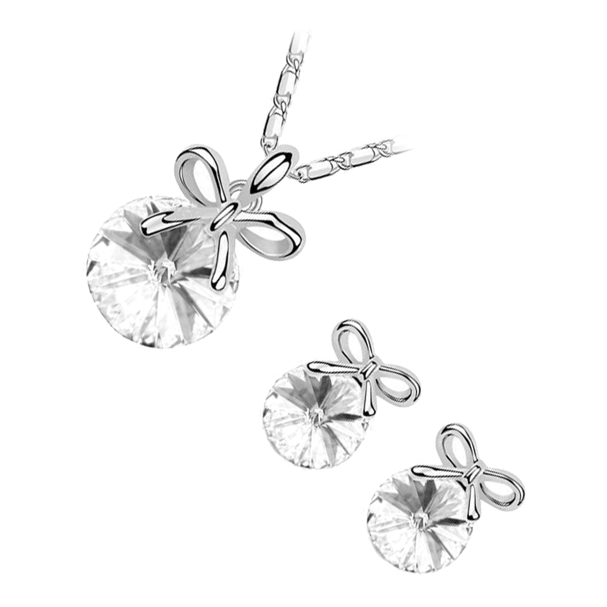 Sterling Silver Coated Earrings and Pendant Necklace Set Round Stone with Bowknot Above It