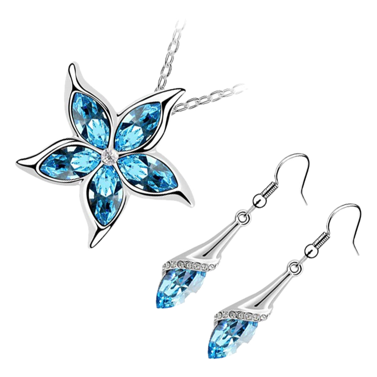 Sterling Silver Coated Set Earrings and Pendant Necklace with Star Featuring 5 Stones Inline