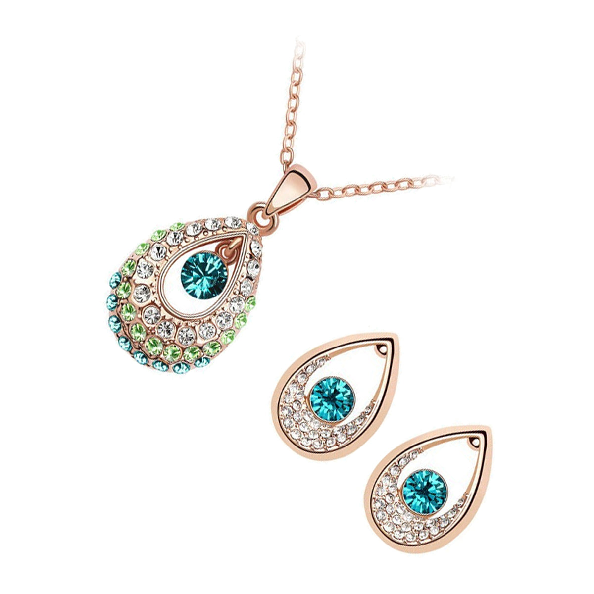 18K Yellow Gold Coated Earrings and Pendant Necklace Set Water Drop with Blue Round Stone Inline Surrounded by Crystals