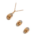 18K Rose Gold Coated Set Earrings and Pendant Necklace with Round Champagne Color Main Stone Surrounded with Crystals
