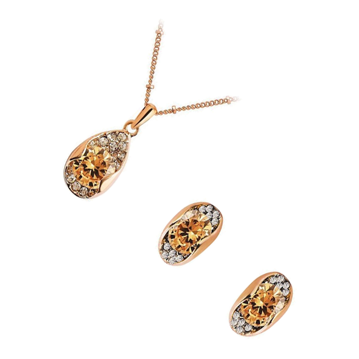 18K Rose Gold Coated Set Earrings and Pendant Necklace with Round Champagne Color Main Stone Surrounded with Crystals