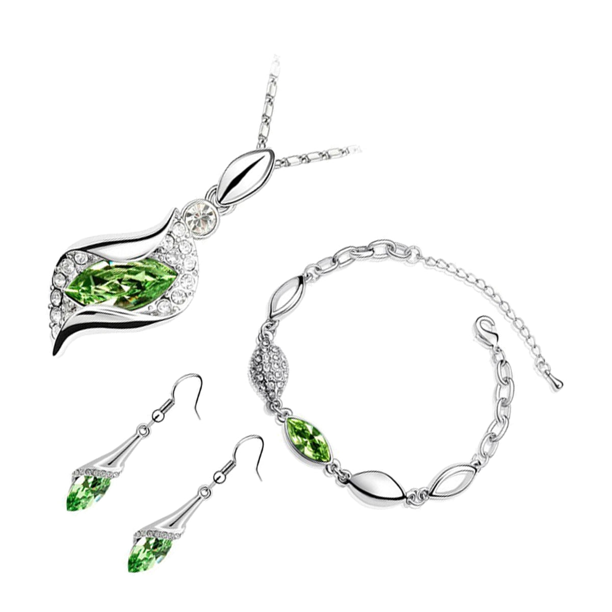 Sterling Silver Coated Bracelet Earrings and Pendant Necklace Set Green Oval Stone Covered by Leaf with Crystals