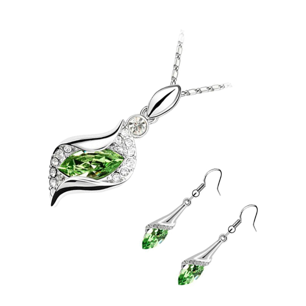 Sterling Silver Coated Earrings and Pendant Necklace Set Green Oval Stone Covered by Leaf with Crystals