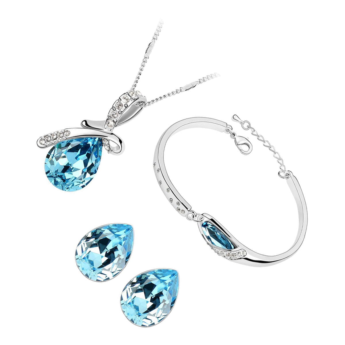 Sterling Silver Coated Bracelet Earrings and Pendant Necklace Set Sea Blue Stone with Bow Covered by Crystals