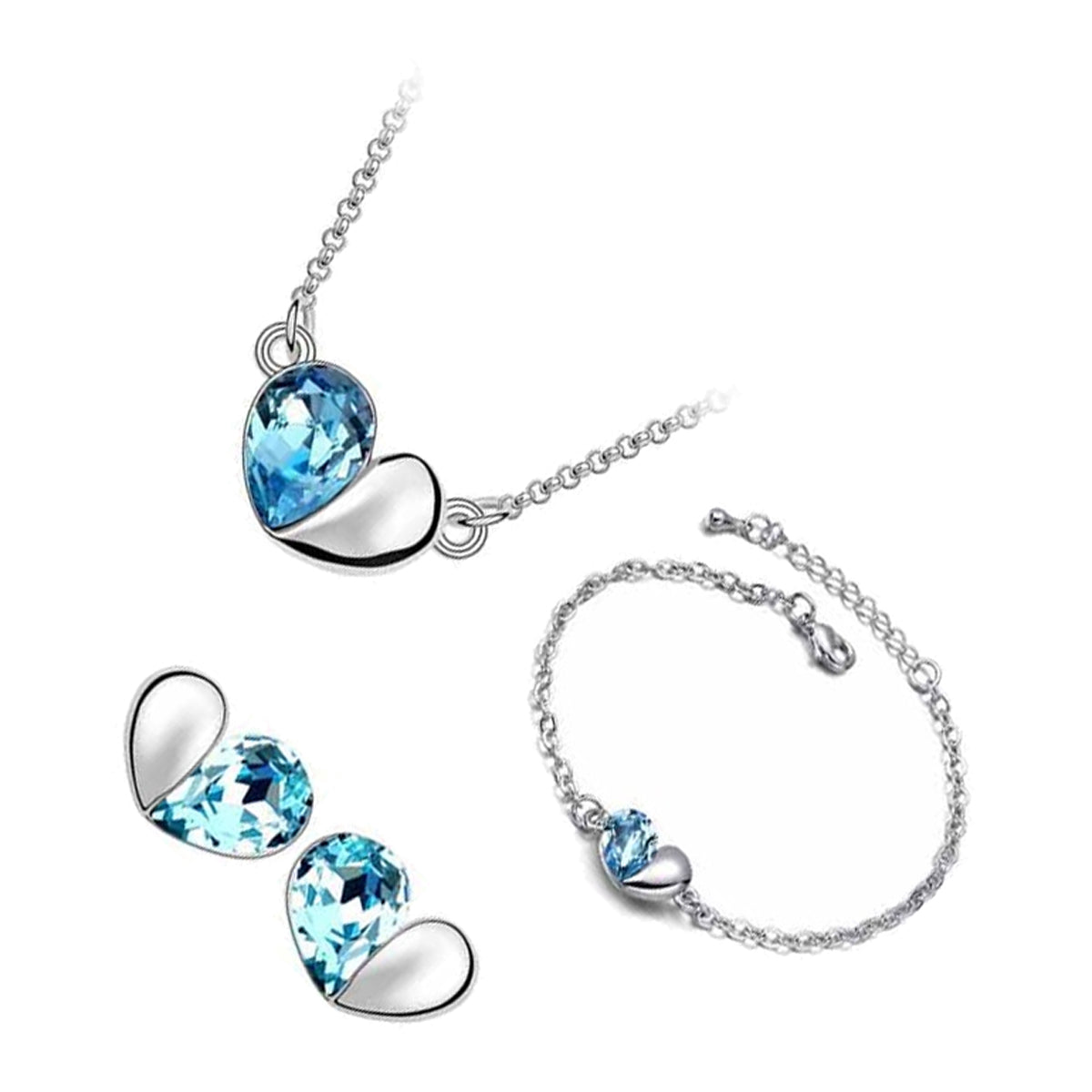Sterling Silver Coated Set Bracelet Earrings and Pendant Necklace with Heart Shaped Drop Sea Blue Stone