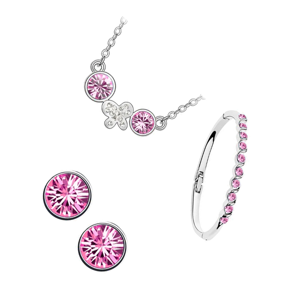 Sterling Silver Coated Bracelet Earrings and Pendant Necklace Set 2 Round Rose Stones and Butterfly