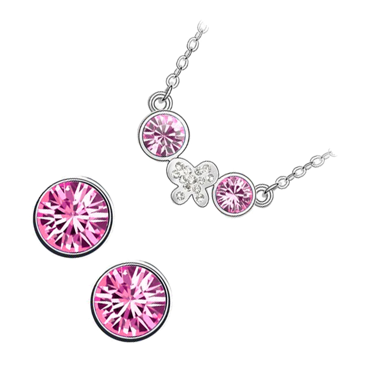 Sterling Silver Coated Set Earrings and Pendant Necklace with 2 Round Rose Stones and Butterfly