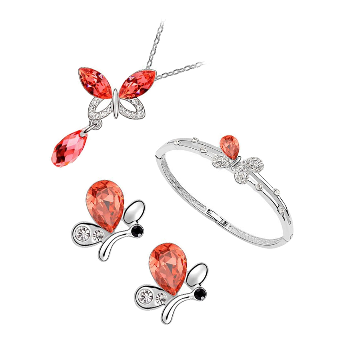 Sterling Silver Coated Bracelet Earrings and Pendant Necklace Set Butterfly Shaped with Stone Wings and Orange Red Drop Shaped Stone