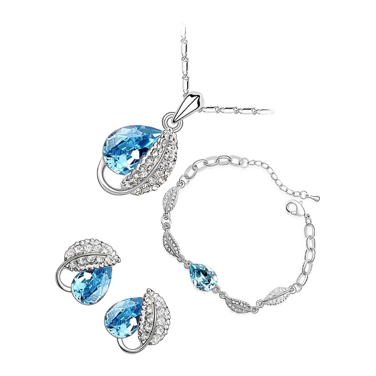 Sterling Silver Coated Bracelet Earrings and Pendant Necklace Set Water Drop Sea Blue Stone Covered by Leaf with White Crystals