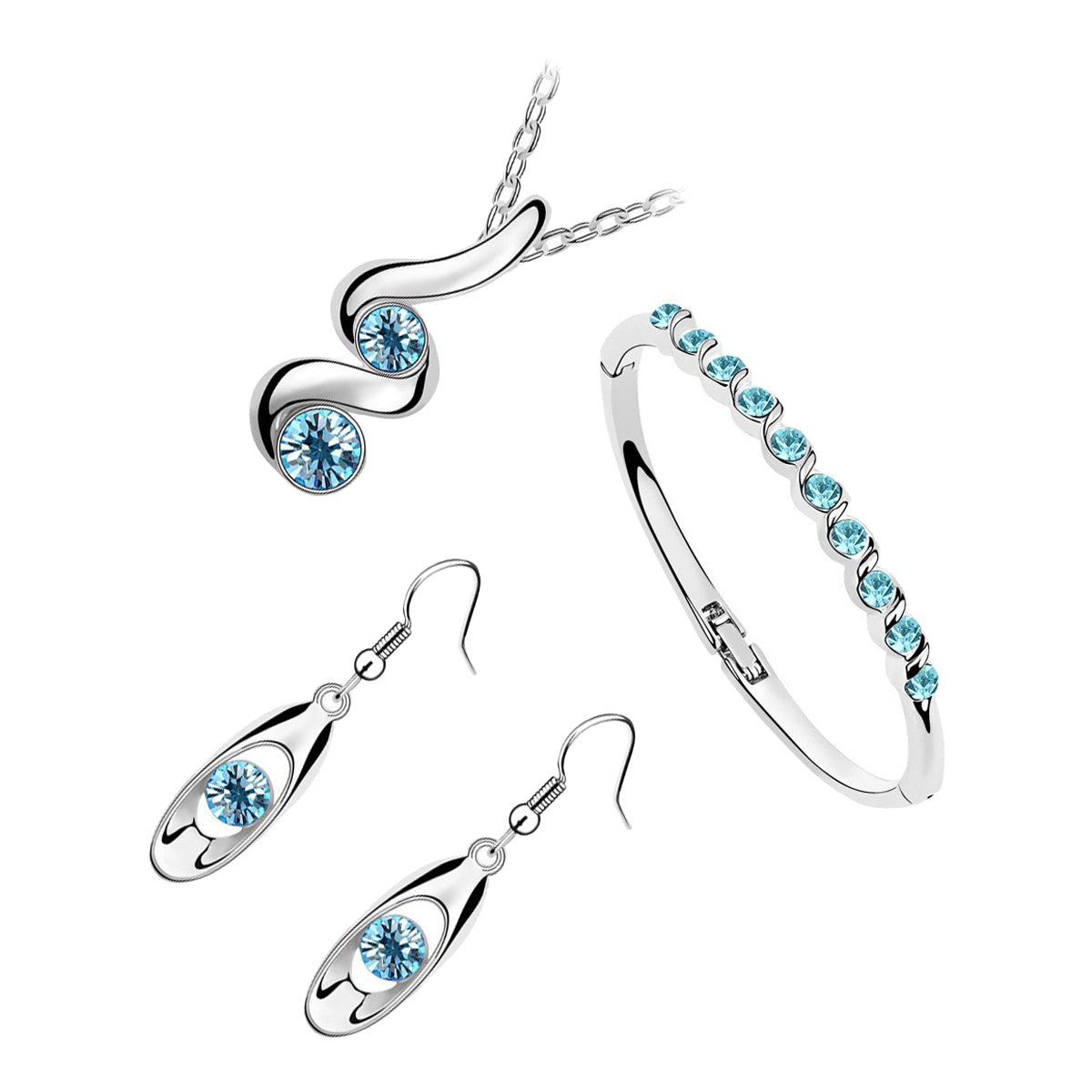 Sterling Silver Coated Bracelet Earrings and Pendant Necklace Set Spiral with 2 Round Sea Blue Stones Inline