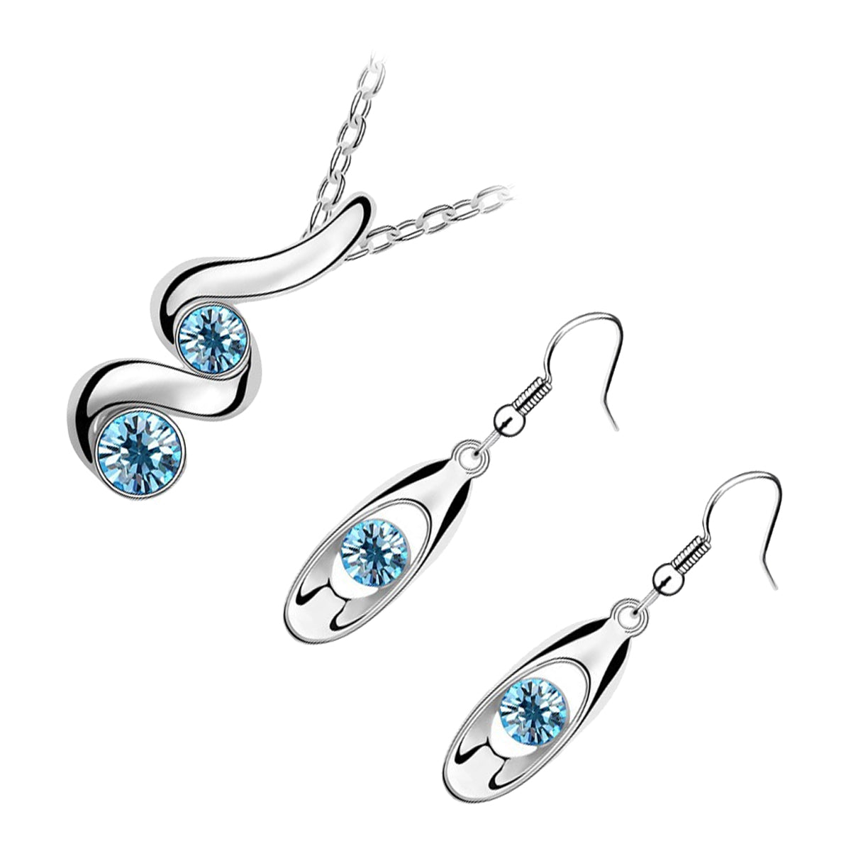 Sterling Silver Coated Set Earrings and Pendant Necklace with Spiral Featuring 2 Round Sea Blue Stones Inline