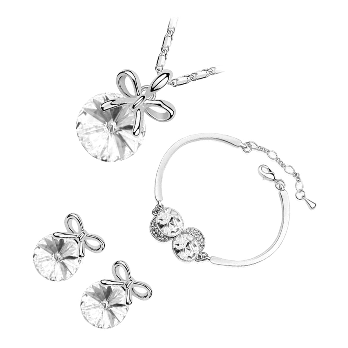 Sterling Silver Coated Bracelet Earrings and Pendant Necklace Set White Round Stone and Bowknot Above It