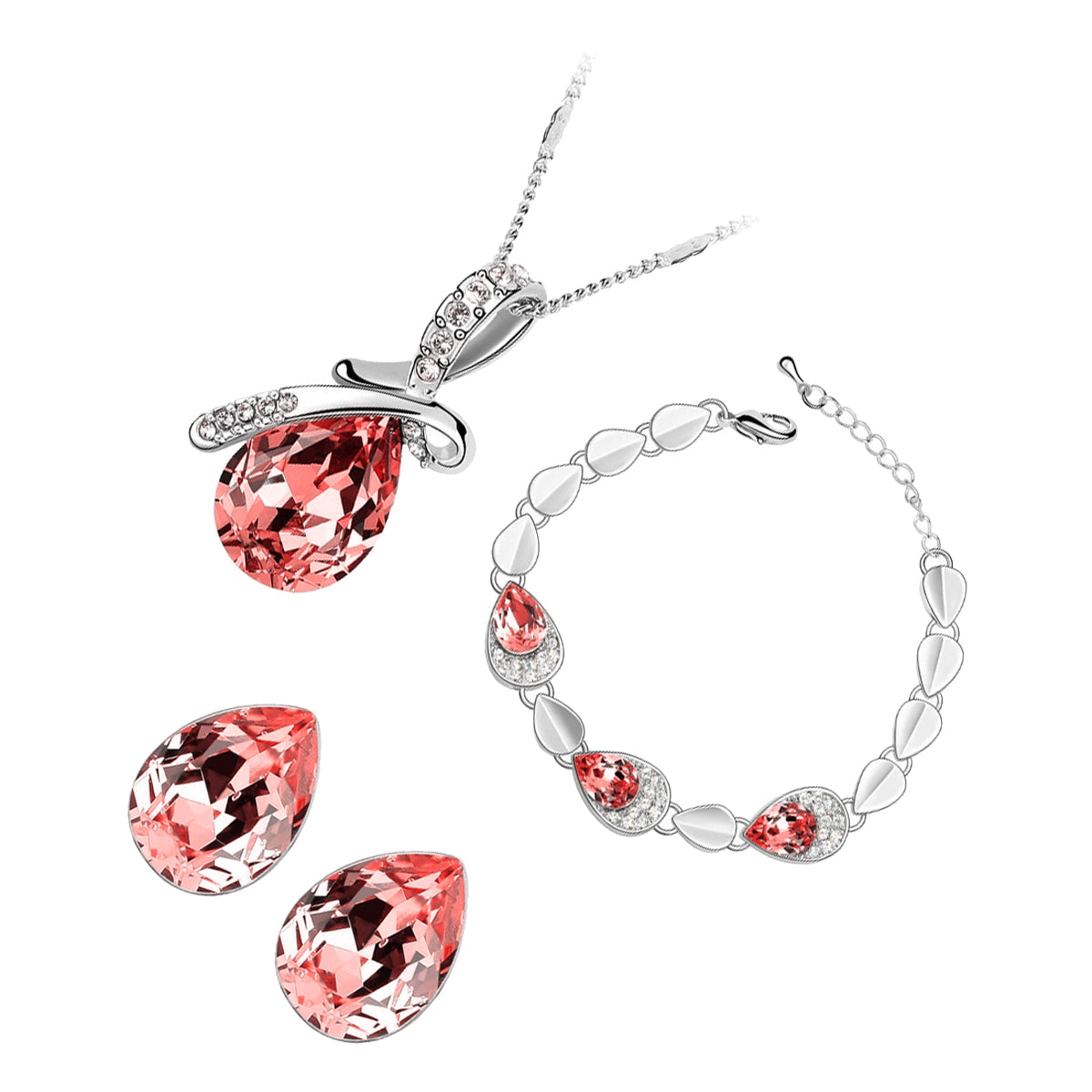 Sterling Silver Coated Earrings and Pendant Necklace Set Drop Shaped Orange Red Stone with Crystal-Adorned Bow