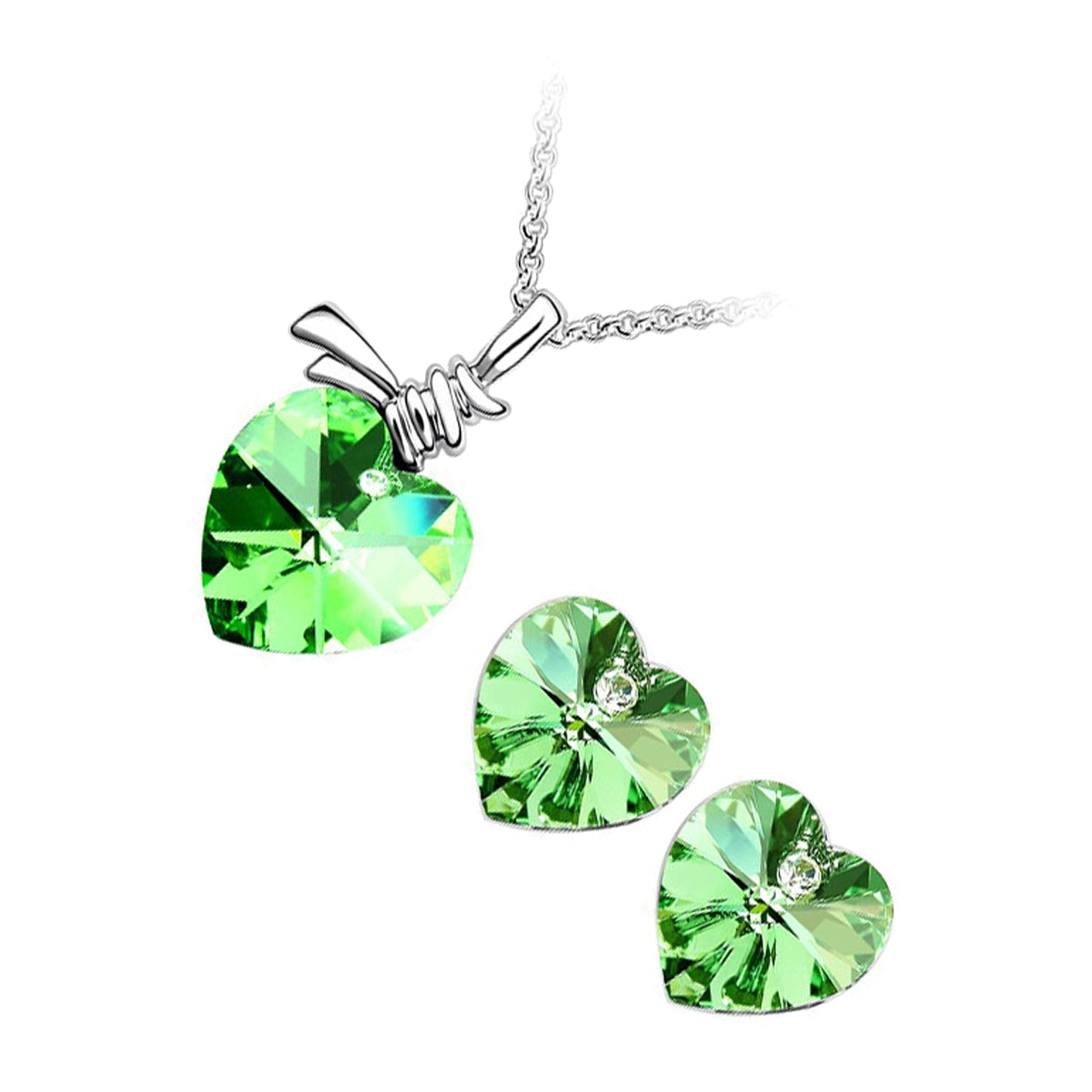 Sterling Silver Coated Earrings and Pendant Necklace Set Heart Shaped Green Stone