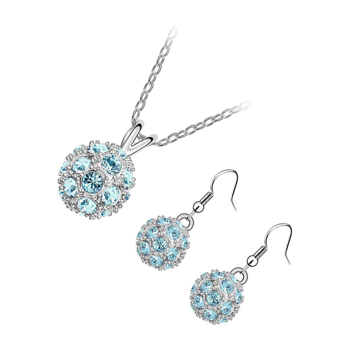 Sterling Silver Coated Earrings and Pendant Necklace Set Ball Covered by Sea Blue Crystals