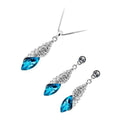 Sterling Silver Coated Set Earrings and Pendant Necklace with Oval Sea Blue Main Stone Covered by Leaf with Crystals