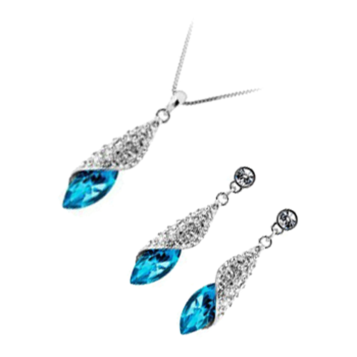 Sterling Silver Coated Set Earrings and Pendant Necklace with Oval Sea Blue Main Stone Covered by Leaf with Crystals