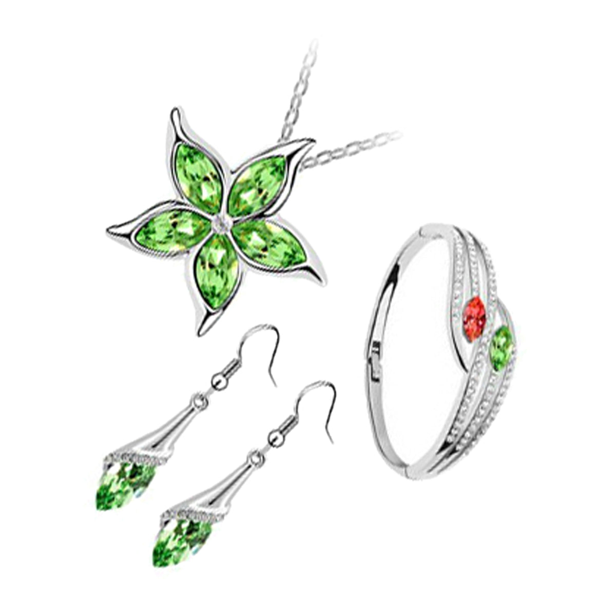Sterling Silver Coated Bracelet Earrings and Pendant Necklace Set Star with 5 Green Stones Inline
