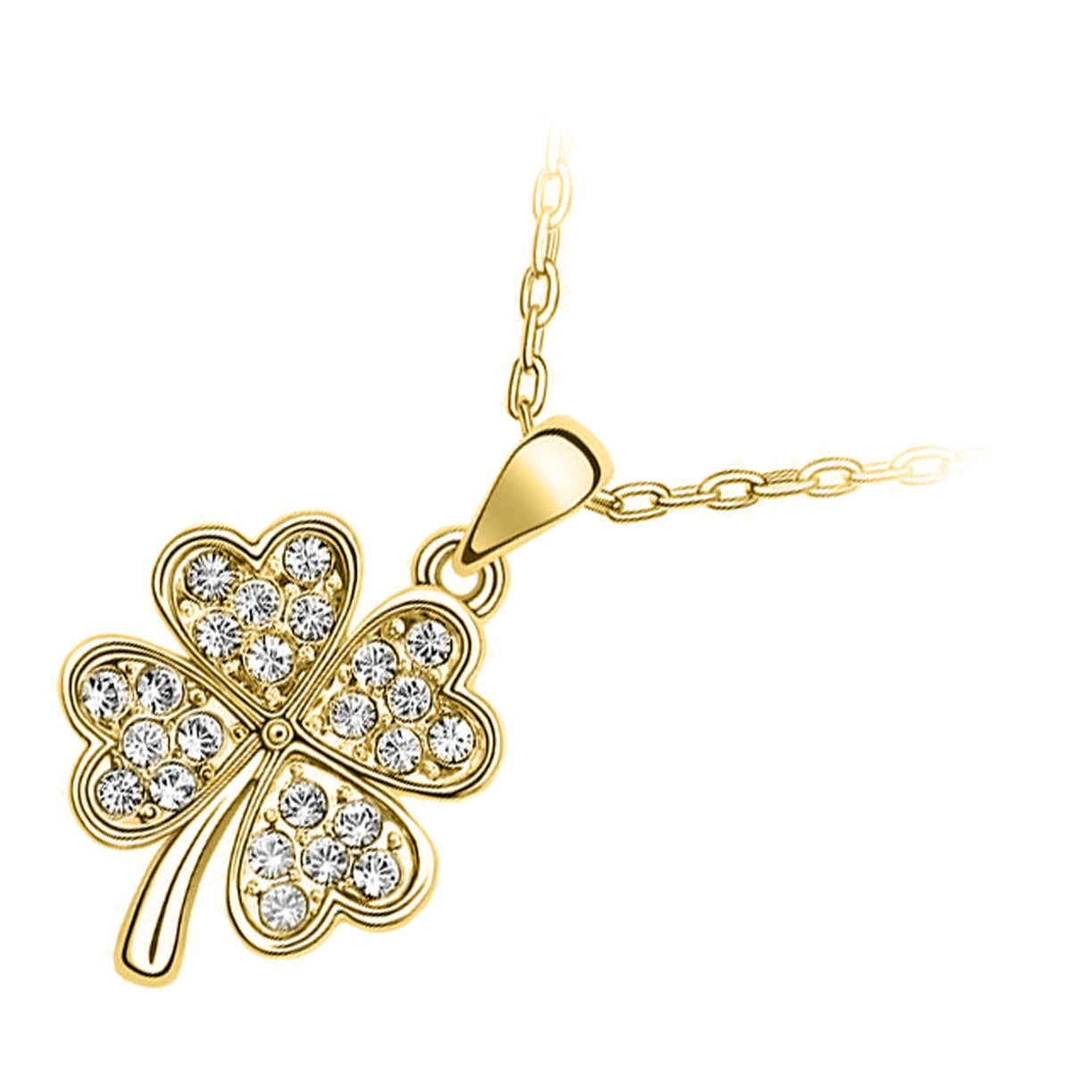 18K Yellow Gold Coated, 18 x 28mm Clover with 4 Leaves Paved with Coloured Crystals Pendant Necklace UPCO Jewelry