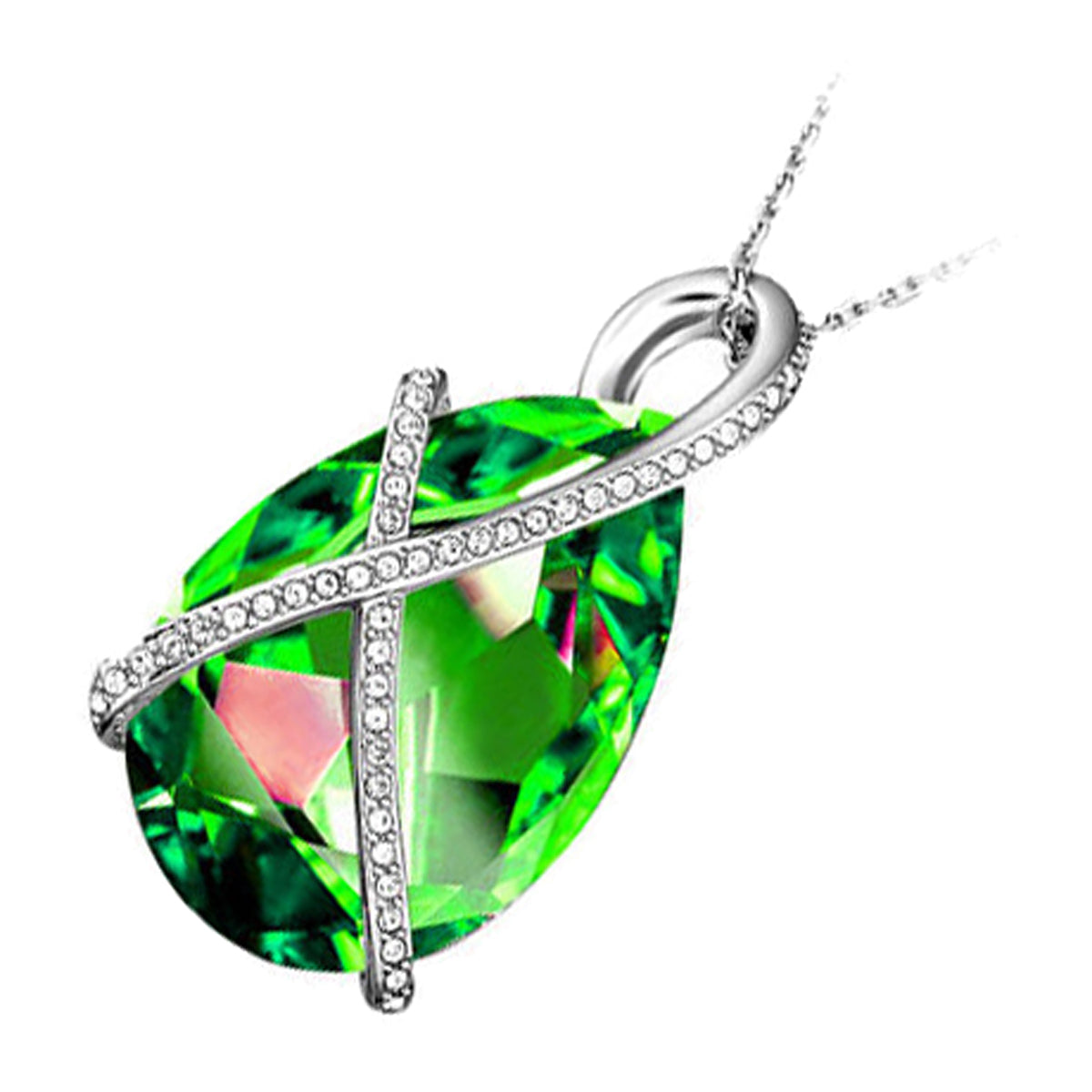 18K White Gold Coated, 24 x 14mm Coloured Teardrop Crystal Pendant Necklace