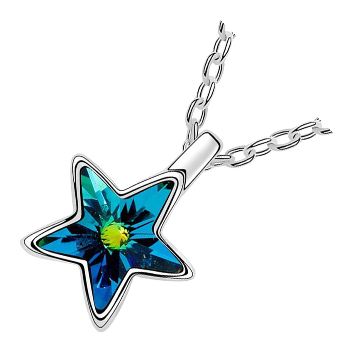 18K White Gold Coated, 28 x 13mm Coloured 5 Pointed Star Crystal Pendant Necklace
