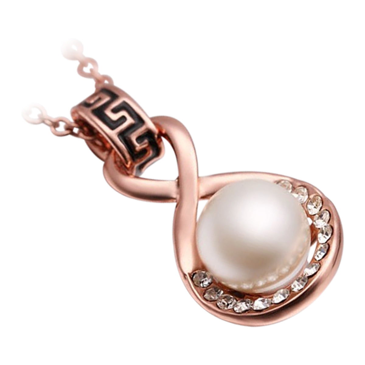 18K Rose Gold Coated, 13 x 27mm White Pearl and Crystals Pendant Necklace