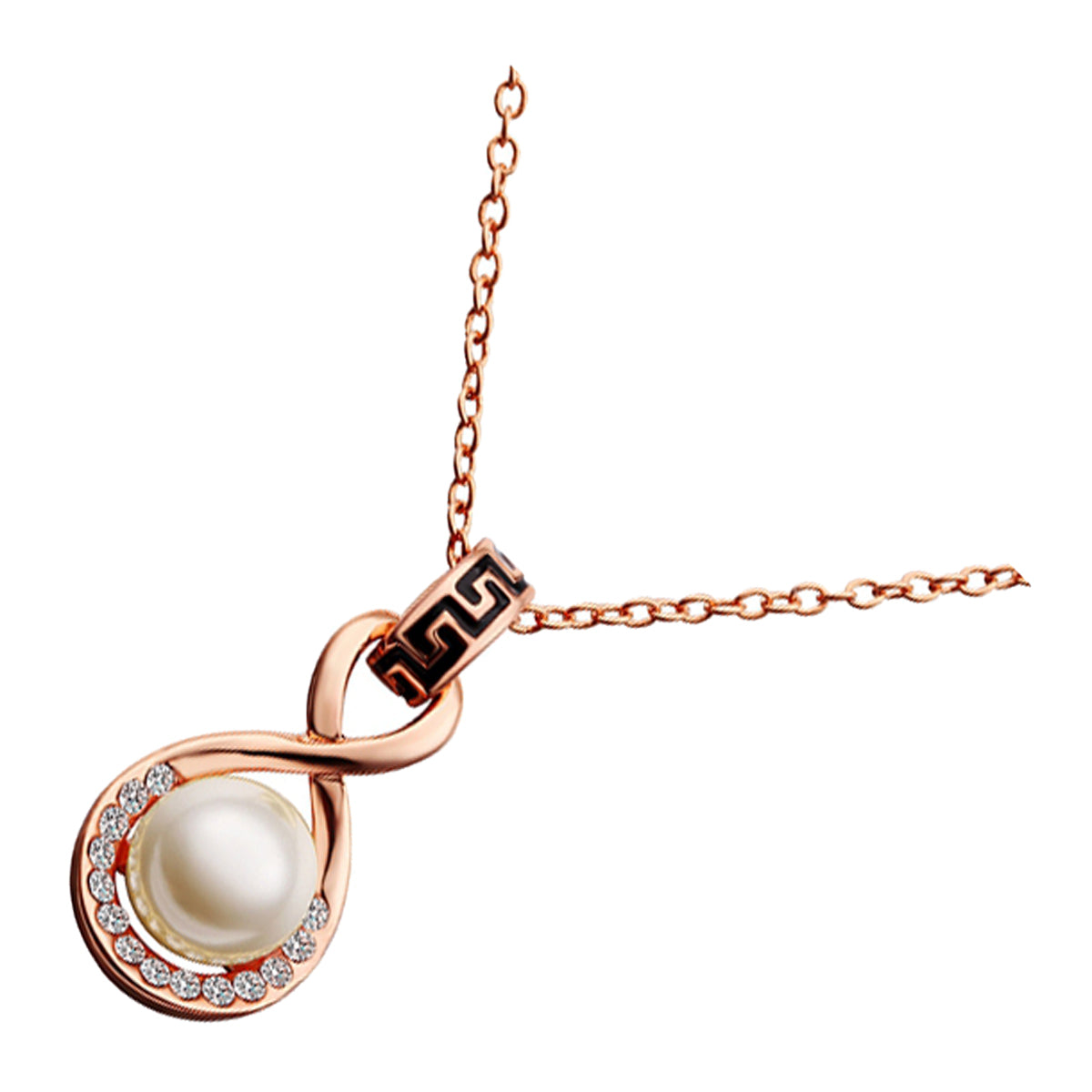 18K Rose Gold Coated, 13 x 27mm White Pearl and Crystals Pendant Necklace