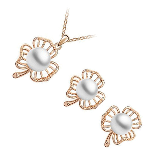 18K Yellow Gold Coated White Pearl Centered in 3 Leaves Shamrock Flower Set of Earrings and Pendant Necklace