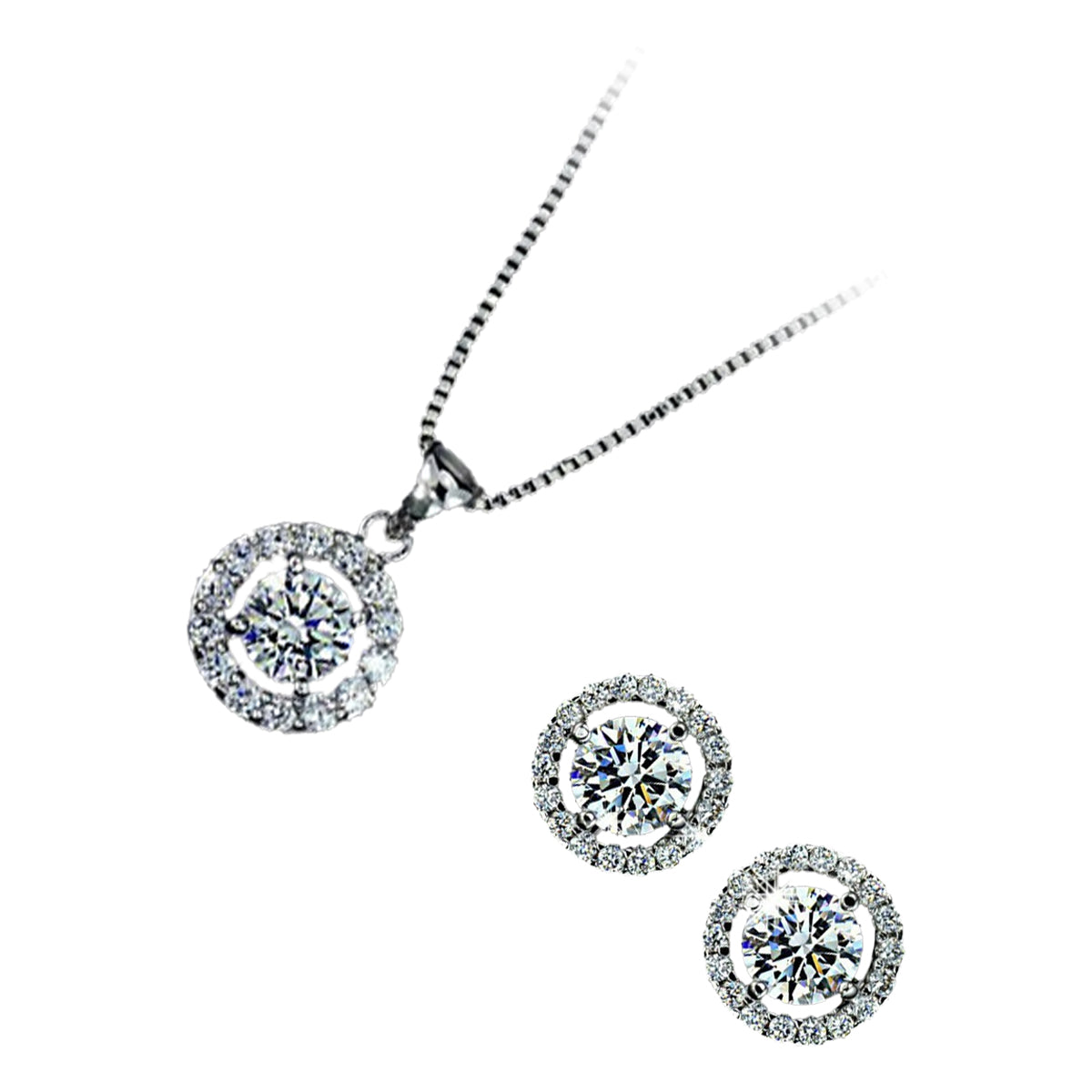 Sterling Silver Coated White Round Main Stone Surrounded by Crystal Band Set of Earrings and Pendant Necklace