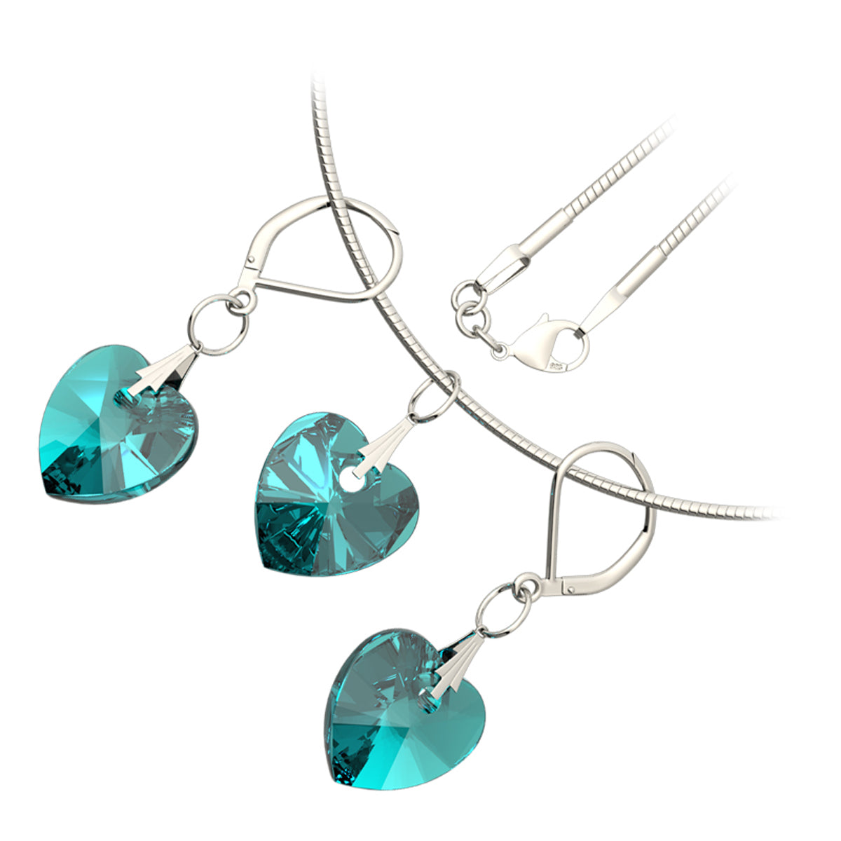 925 Sterling Silver Coated Love Heart Crystal Necklace and Earrings Set