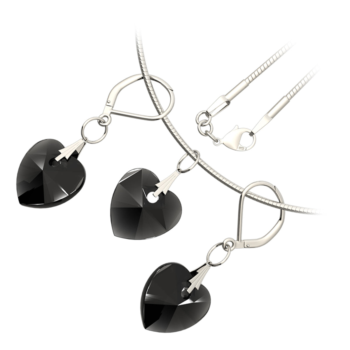 925 Sterling Silver Coated Love Heart Crystal Necklace and Earrings Set