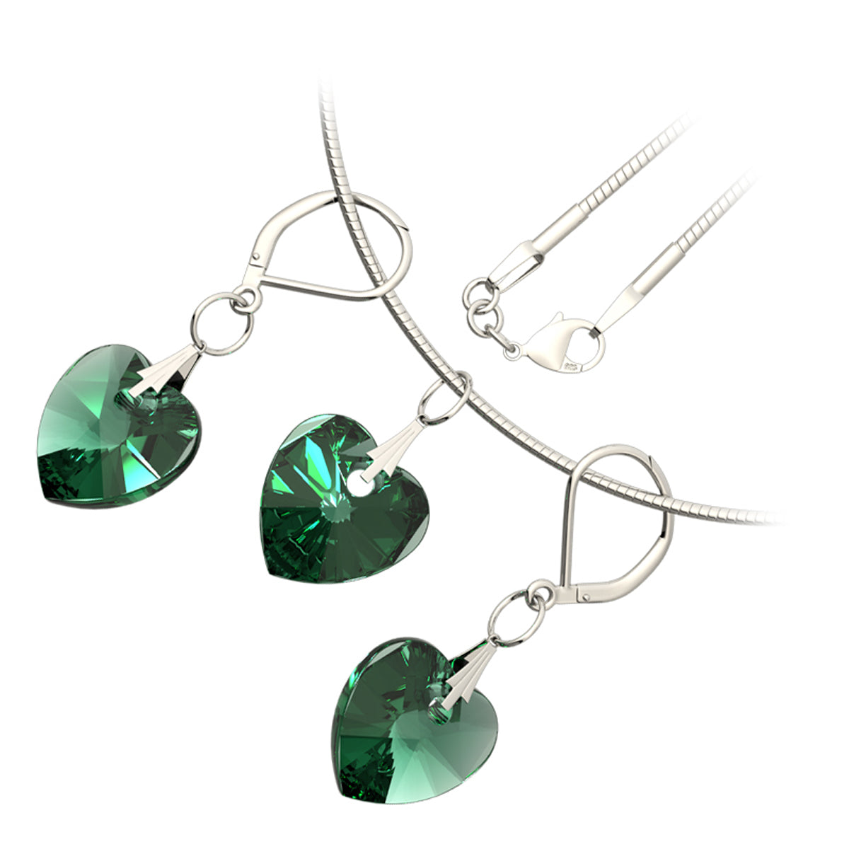 925 Sterling Silver Coated, Coloured Love Heart Faceted Crystal Element, Fashion Pendant Necklace Earrings Set - Emerald Green