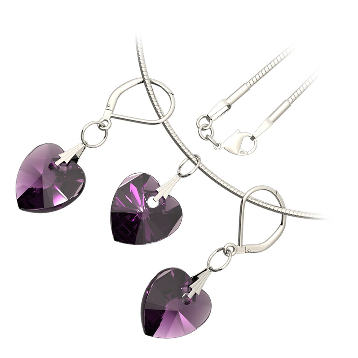 925 Sterling Silver Coated Love Heart Crystal Necklace and Earrings Set