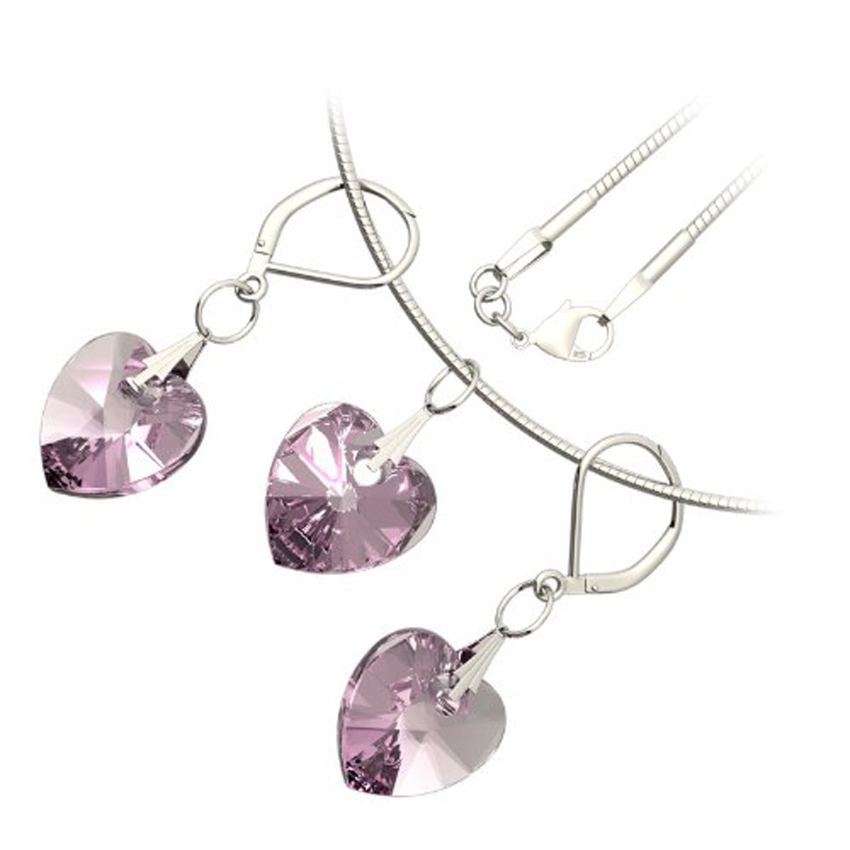 925 Sterling Silver Coated Love Heart Crystal Necklace and Earrings Set