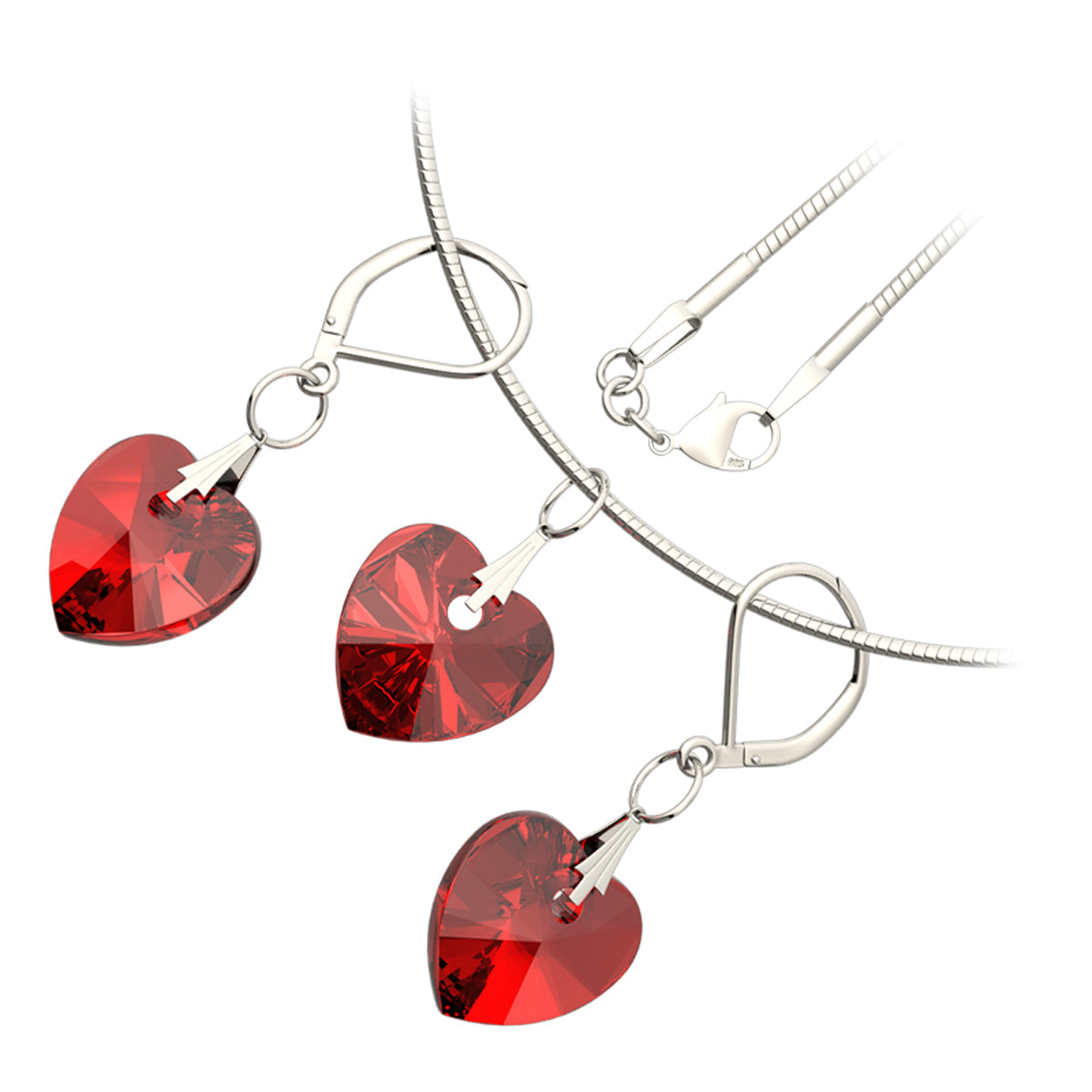 925 Sterling Silver Coated Love Heart Crystal Necklace and Earrings Set