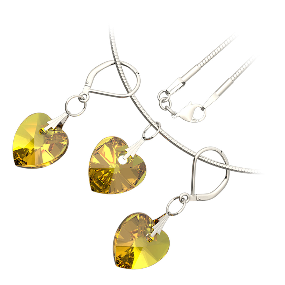 925 Sterling Silver Coated Love Heart Crystal Necklace and Earrings Set