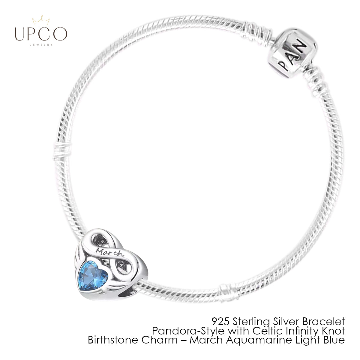 925 Sterling Silver Bracelet Pandora-Style with Celtic Infinity Knot Birthstone Charms