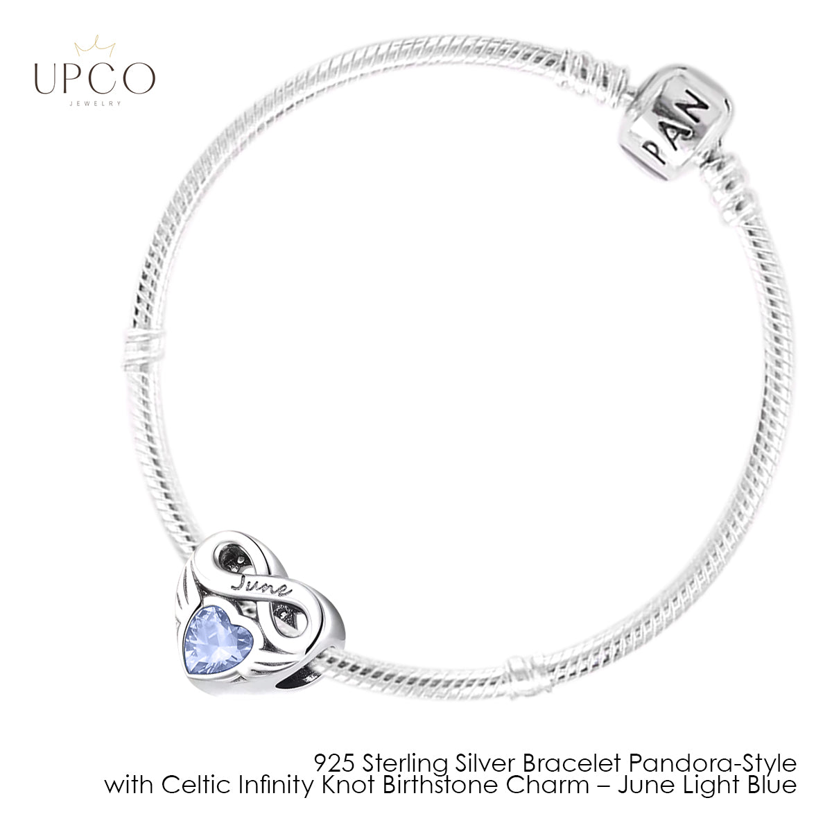 925 Sterling Silver Bracelet Pandora-Style with Celtic Infinity Knot Birthstone Charms