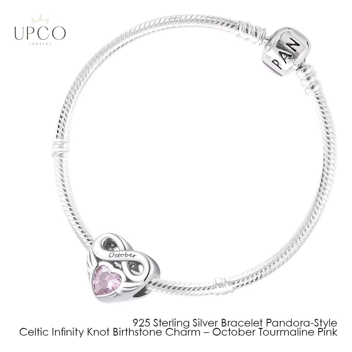 925 Sterling Silver Bracelet Pandora-Style with Celtic Infinity Knot Birthstone Charms
