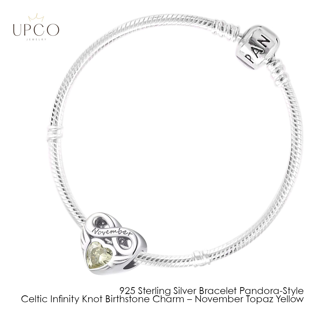 925 Sterling Silver Bracelet Pandora-Style with Celtic Infinity Knot Birthstone Charms